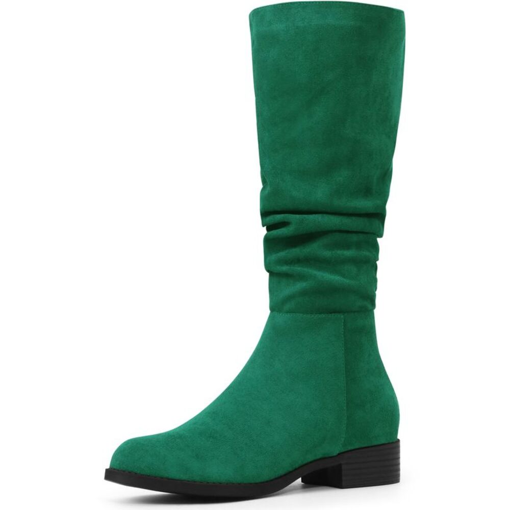 Round Toe Slouches Block Heels Knee High Boots Green